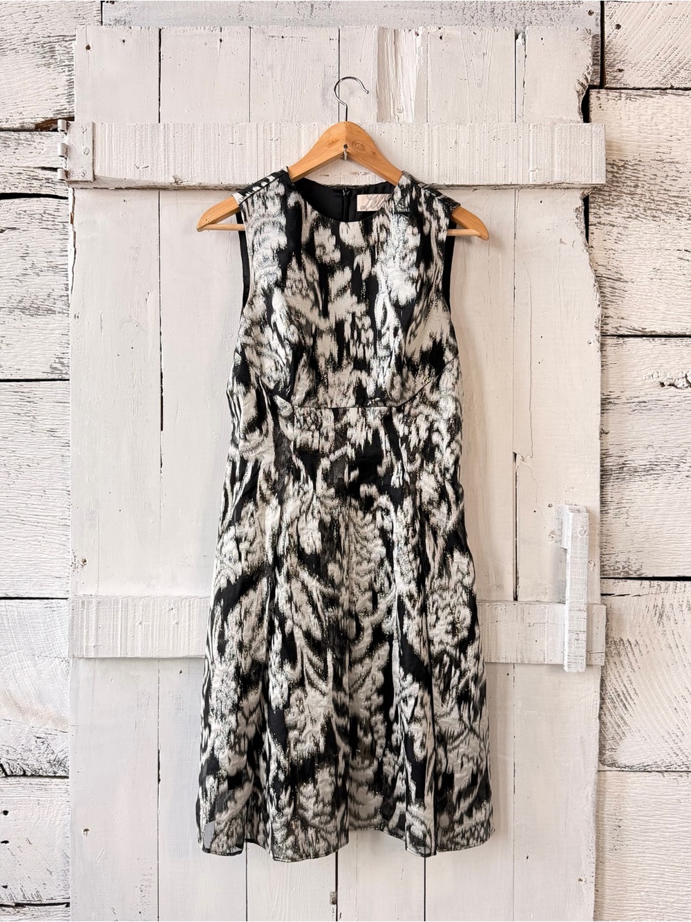 Lela Rose Metallic Ikat Fil Coupé Fit & Flare Midi Dress Black Silver